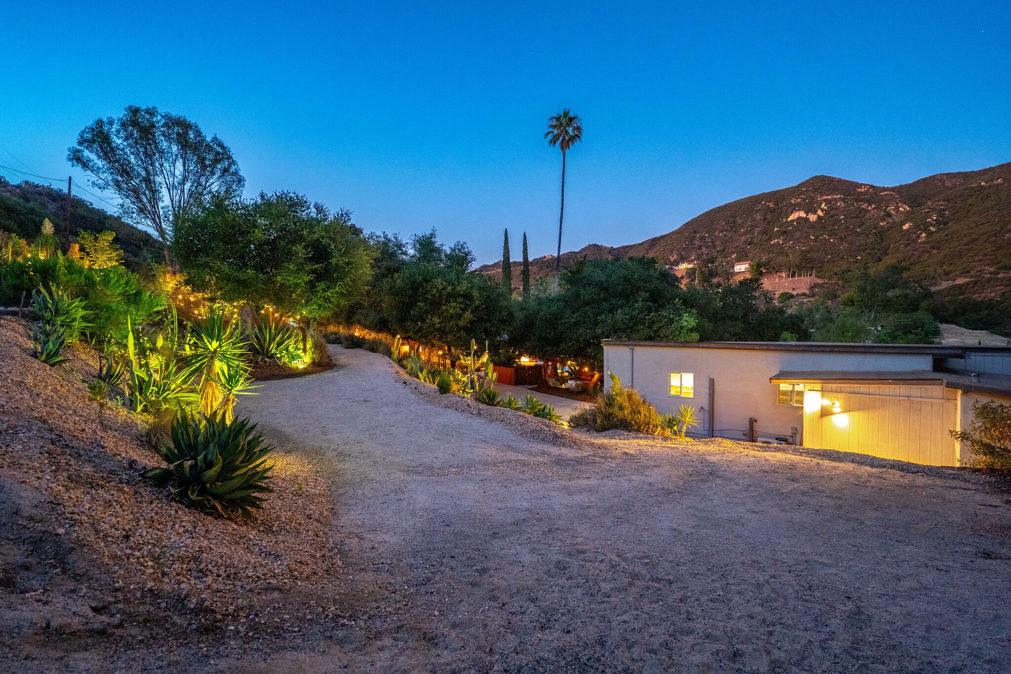 Lit agaves lining the driveway at dusk with the studio glowing against the canyon