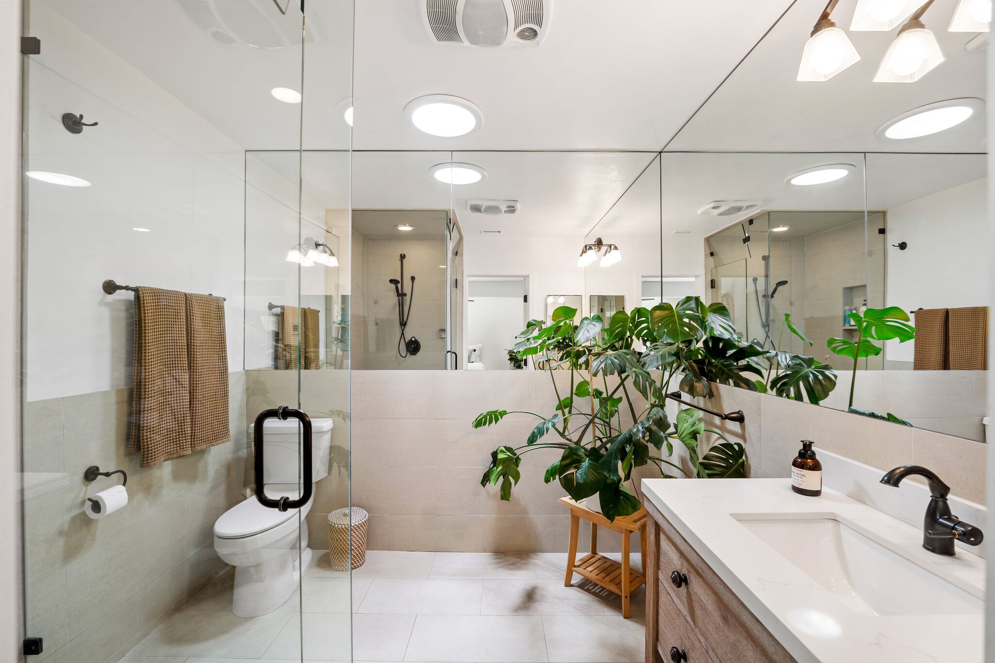 Spa-style bathroom with glass walk-in shower, white quartz vanity, and a monstera by the mirror