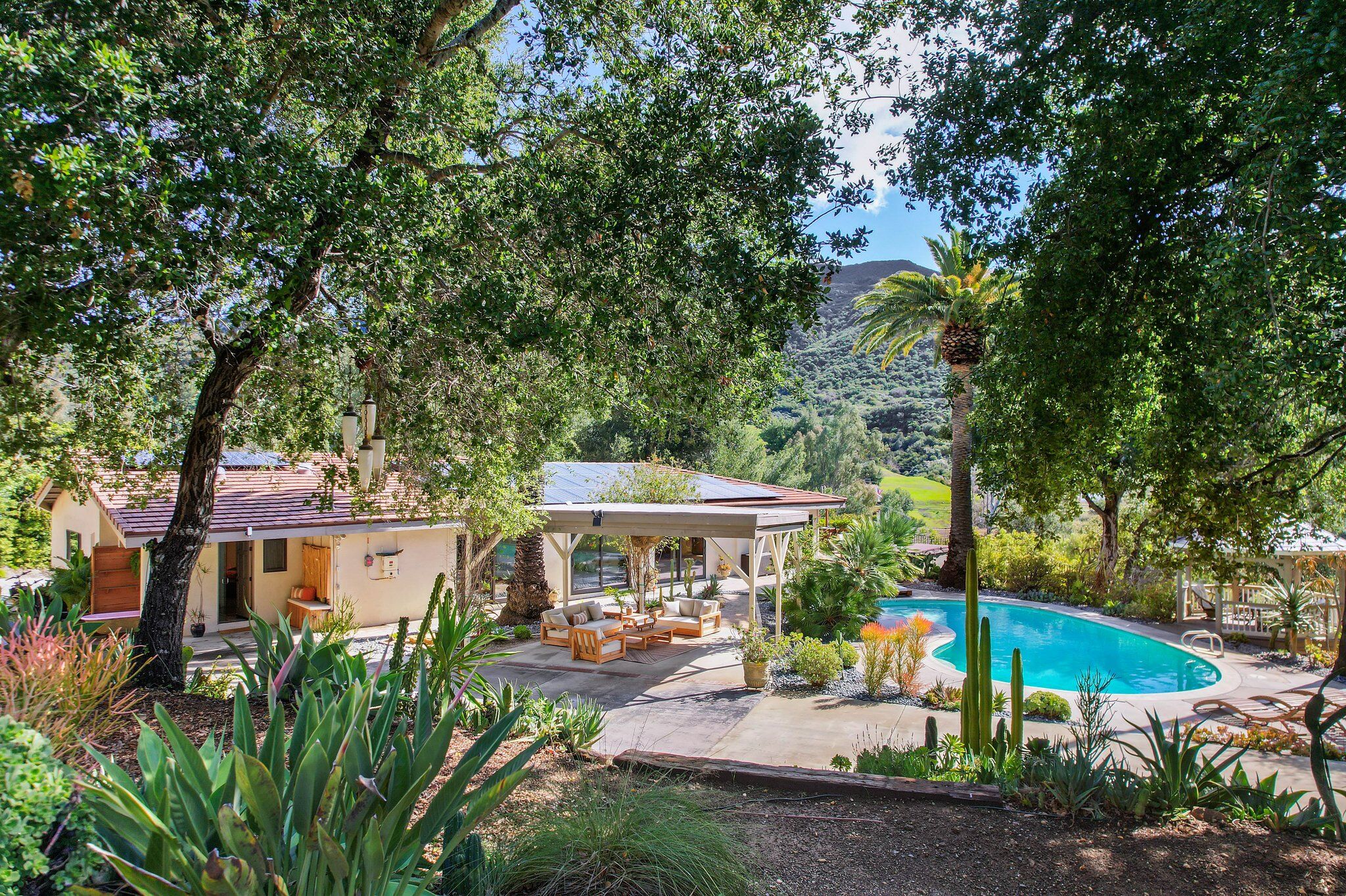 The estate and pool seen through a canopy of old-growth oaks