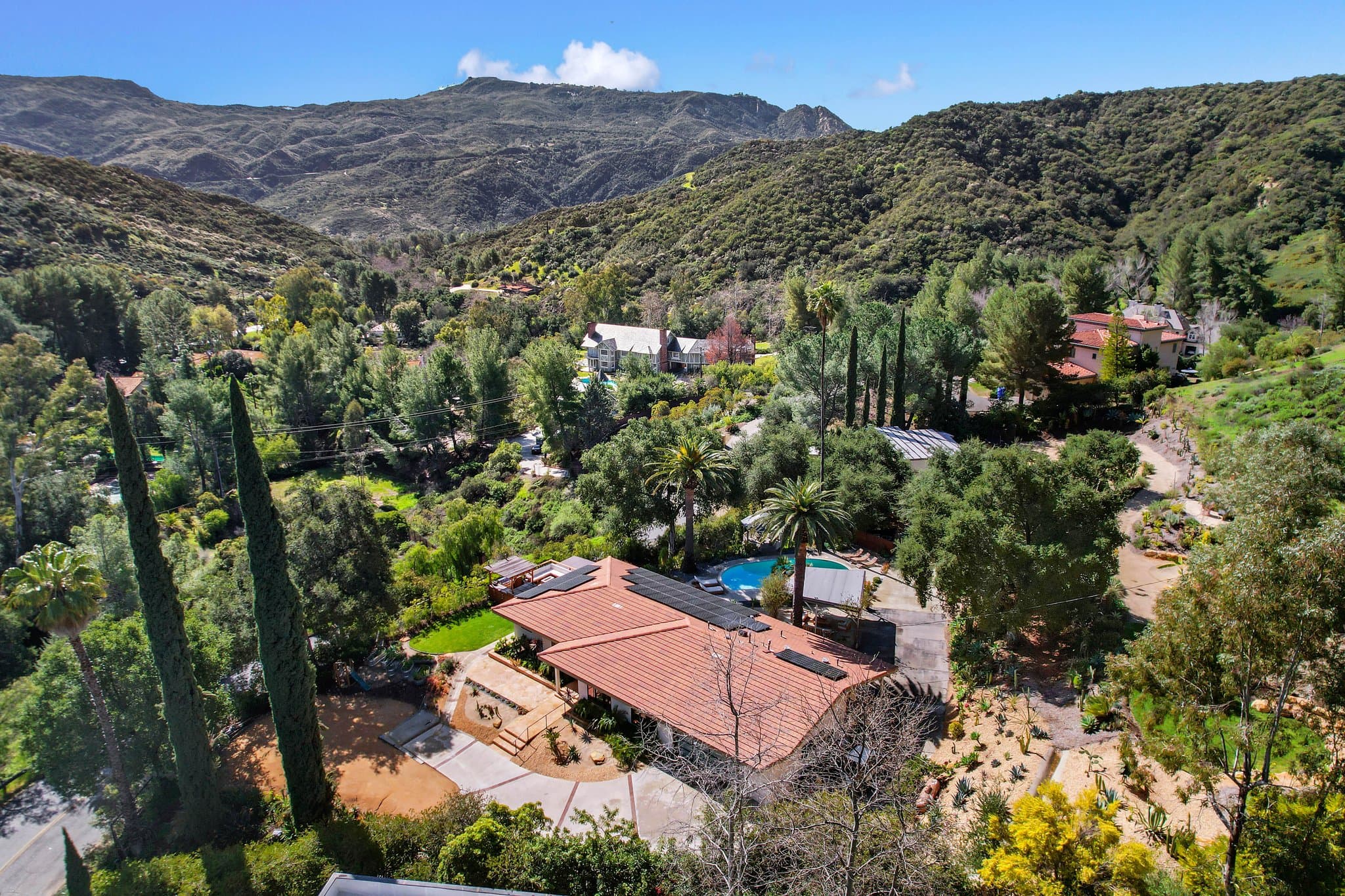 Aerial view of the Dreams Awake estate on a gated promontory in the Calabasas canyon